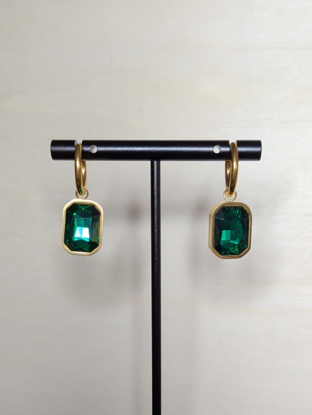 18k Gold Plated SS - Large Green Zircon Stone Dangles on Huggies